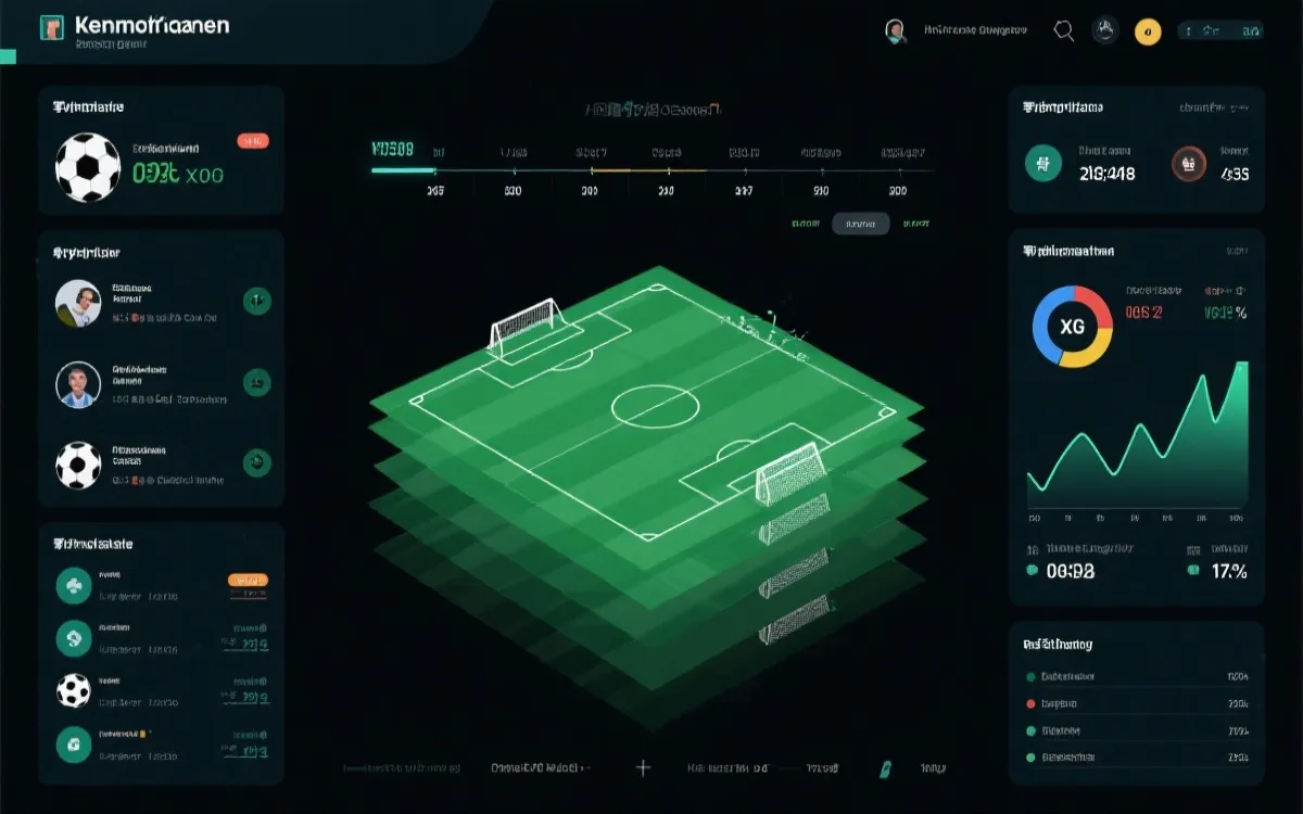 比赛实时数据可视化界面概念图：事件轴、xG走势与阵型叠层